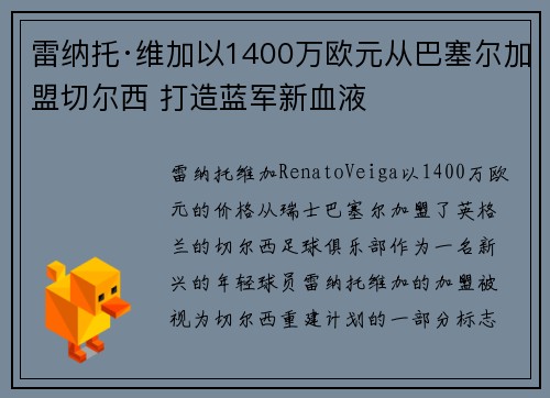 雷纳托·维加以1400万欧元从巴塞尔加盟切尔西 打造蓝军新血液